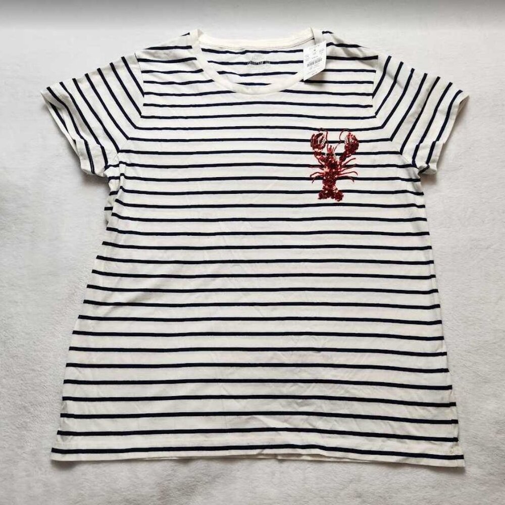 New women's J Crew Factory beaded sequin lobster striped Collector tee - Picture 1 of 9